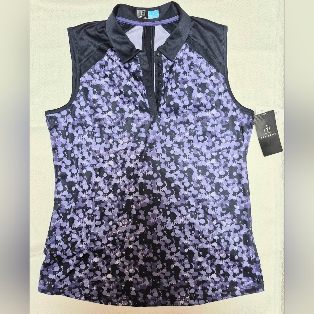 NWT Womans PGA Tour Purple Patterned Golf Shirt Size Large